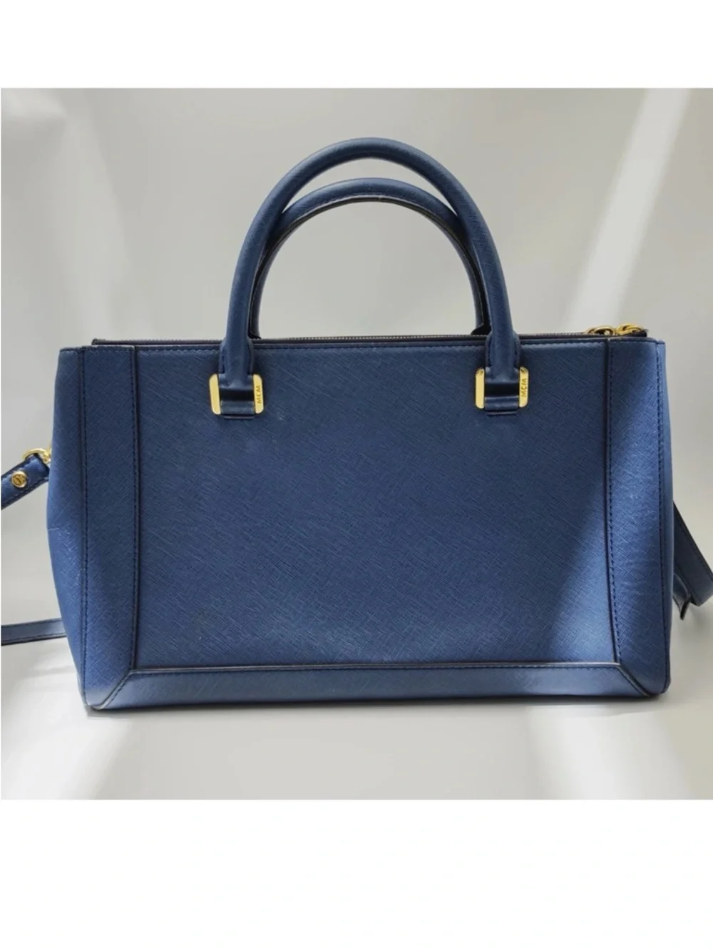 MCM Blue Leather Structured Top-Handle Satchel with Gold Hardware